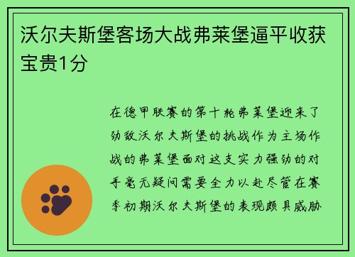 沃尔夫斯堡客场大战弗莱堡逼平收获宝贵1分